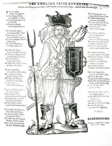 Le soldat anglo-irlandais, avec sa nouvelle discipline, ses nouvelles armes, son ancien estomac et son nouveau pillage : qui préfère manger que se battre, feuille satirique, pub. 1642 - English School